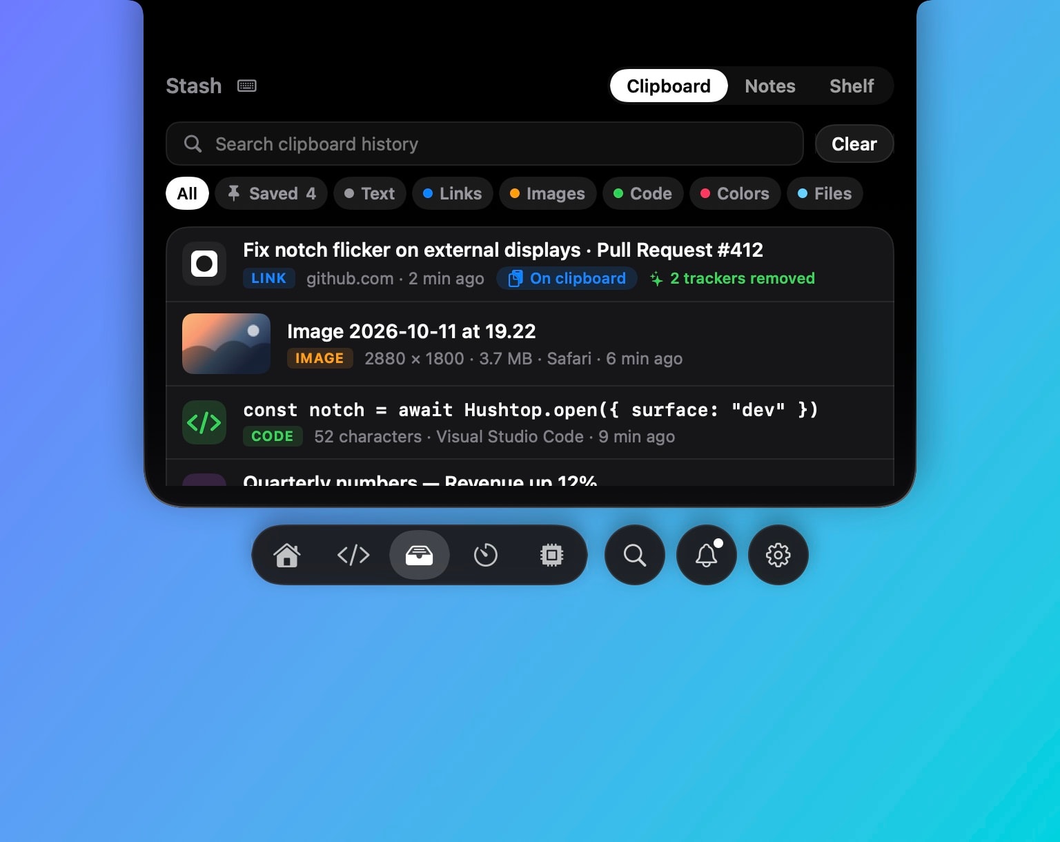 Clipboard history in the notch: a link with its trackers removed, an image, a code snippet, with search and filters above.