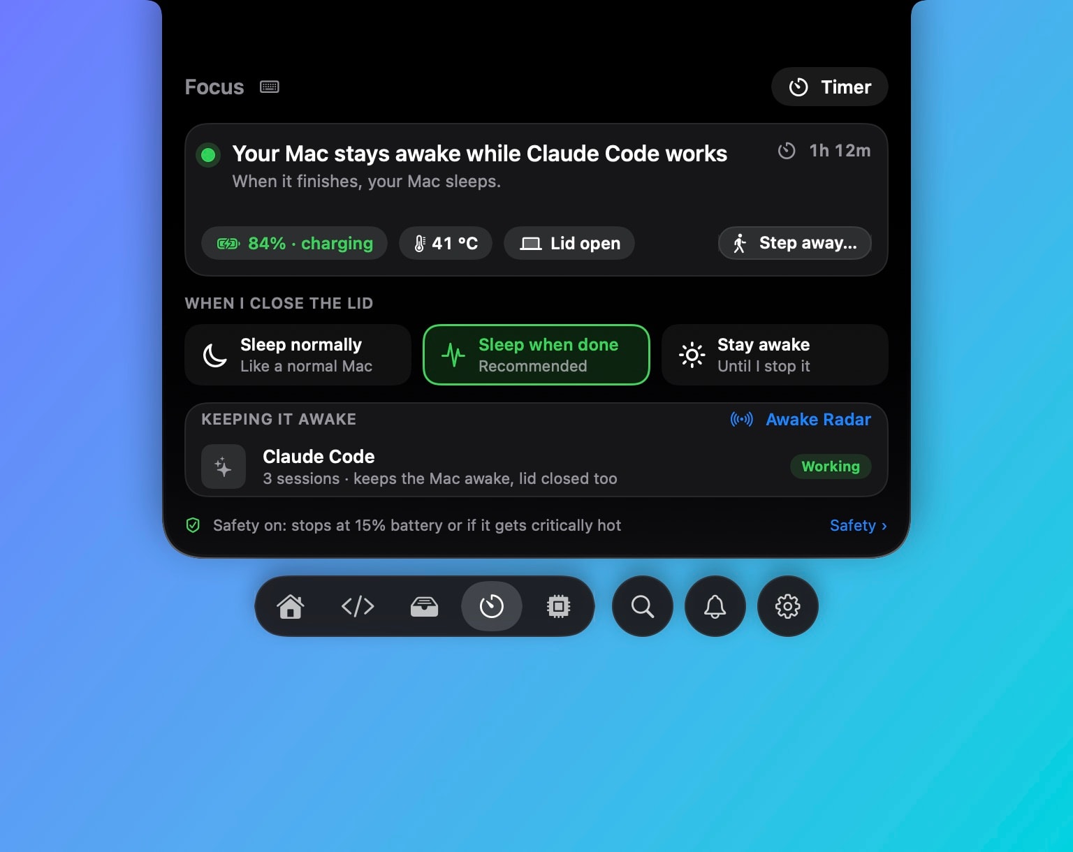 The Focus panel: your Mac stays awake while Claude Code works, and sleeps when it finishes; battery, temperature and lid state; the lid-closed choice set to Sleep when done.