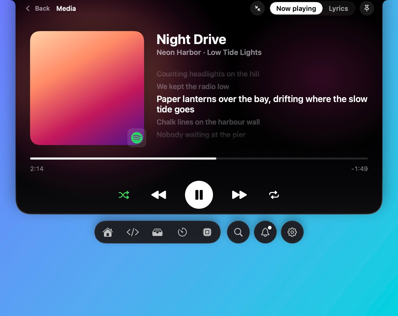 Hushtop’s full music player in the notch: Night Drive by Neon Harbor with its cover, synced lyrics with the current line highlighted, a progress bar and playback controls.