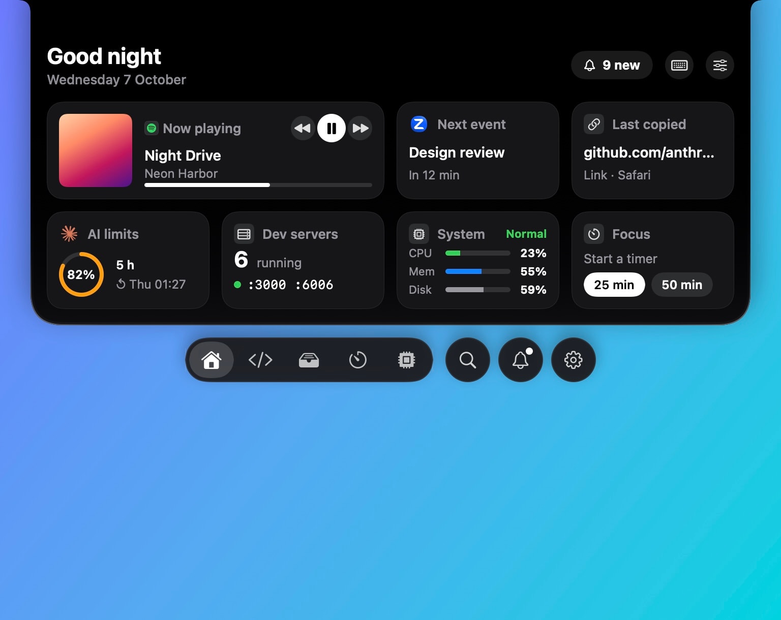Hushtop’s Home panel in the notch: now playing, next event, last copied link, AI limits, dev servers, system stats and a focus timer, with the dock below.