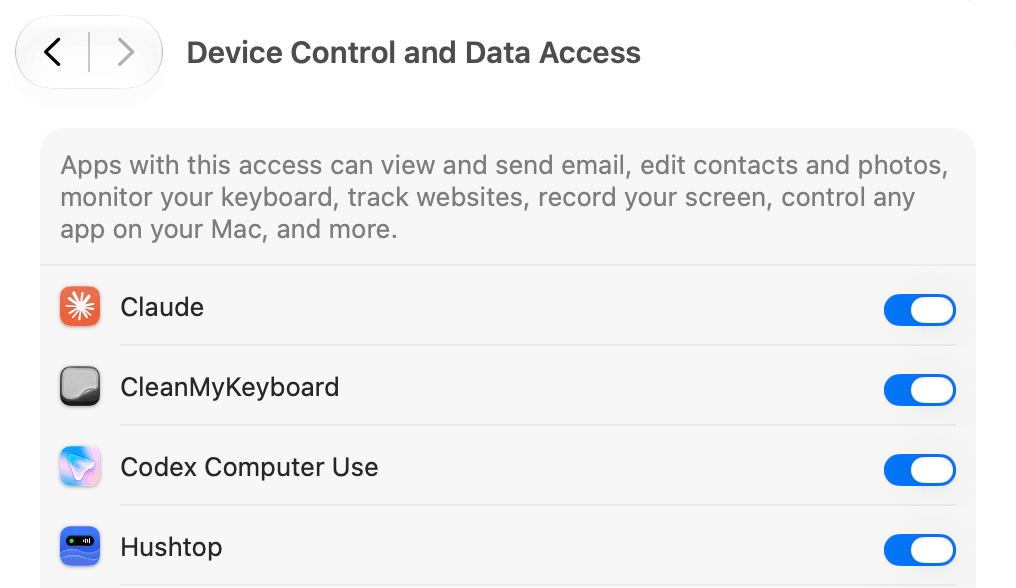 System Settings, Device Control and Data Access: a list of apps with this access, with Hushtop turned on.