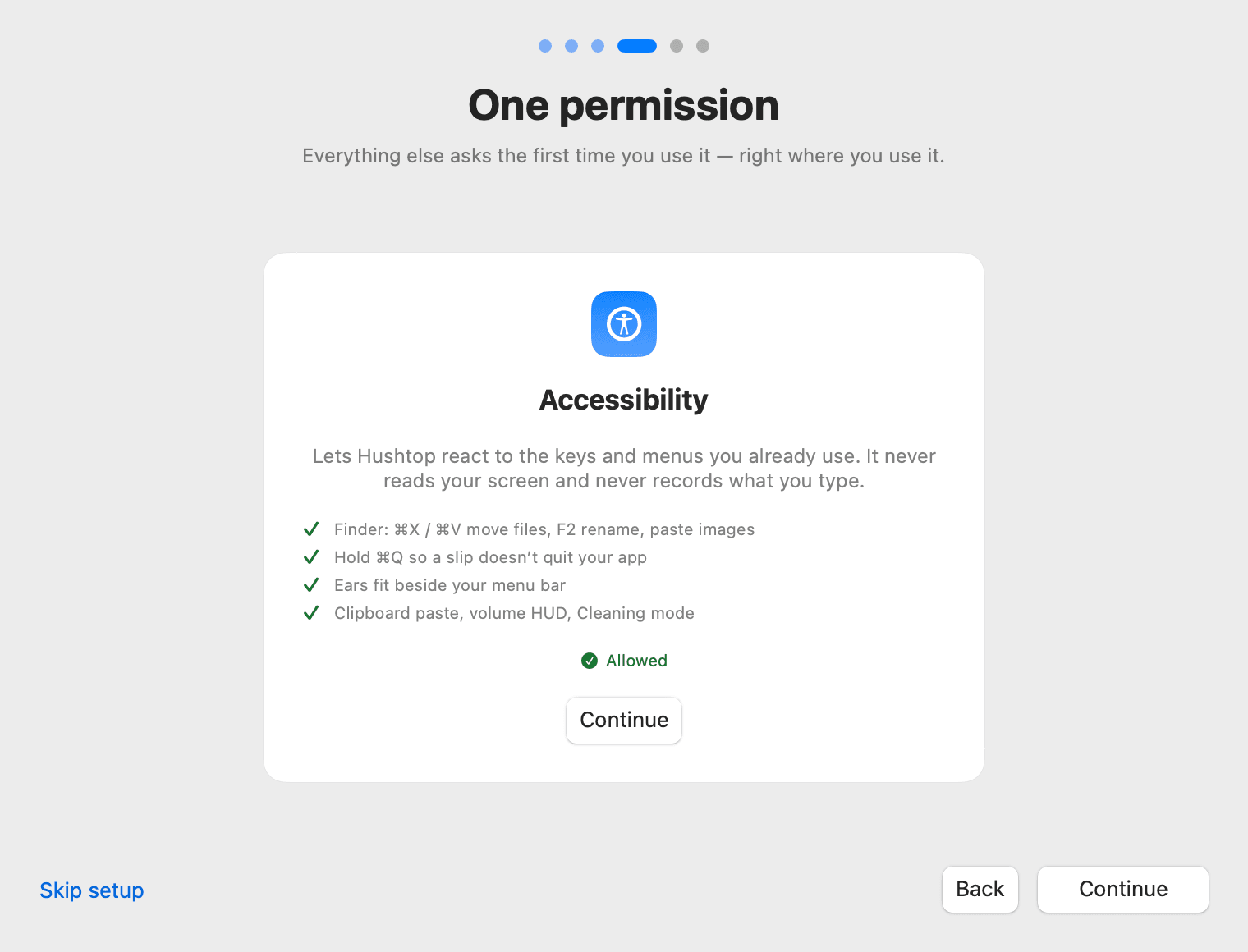 Hushtop’s setup, on the One permission step: the Accessibility card lists what it’s used for and shows Allowed.
