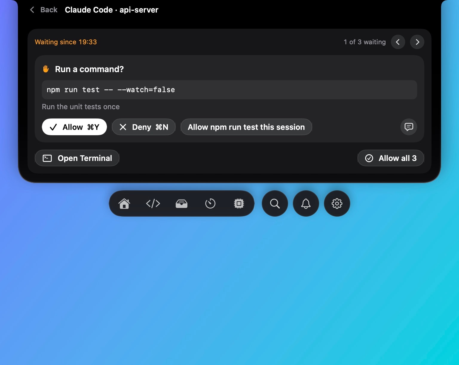The request in the notch: Claude Code asks to run npm run test, with Allow, Deny, Allow this session, Open Terminal and Allow all.