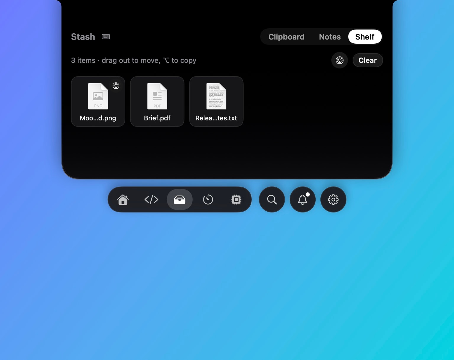 The shelf in the notch with three files, the AirDrop button and Clear.